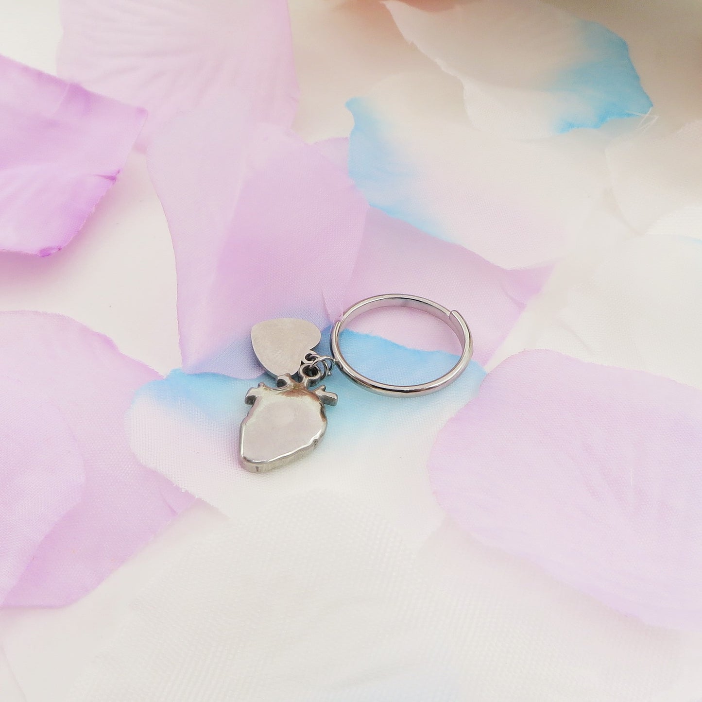 HUMAN HEART ~ Anello charms cuore anatomico rilievo in ACCIAIO INOSSIDABILE