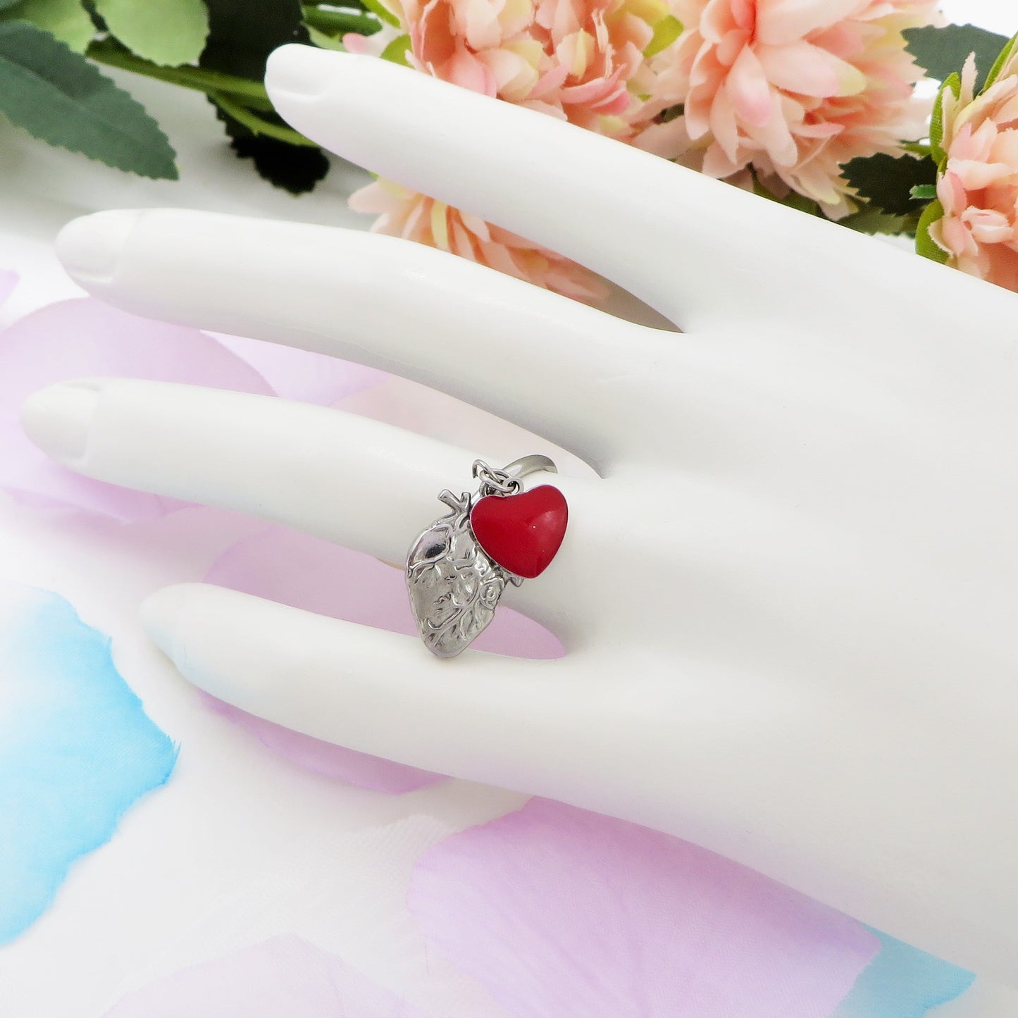 HUMAN HEART ~ Anello charms cuore anatomico rilievo in ACCIAIO INOSSIDABILE
