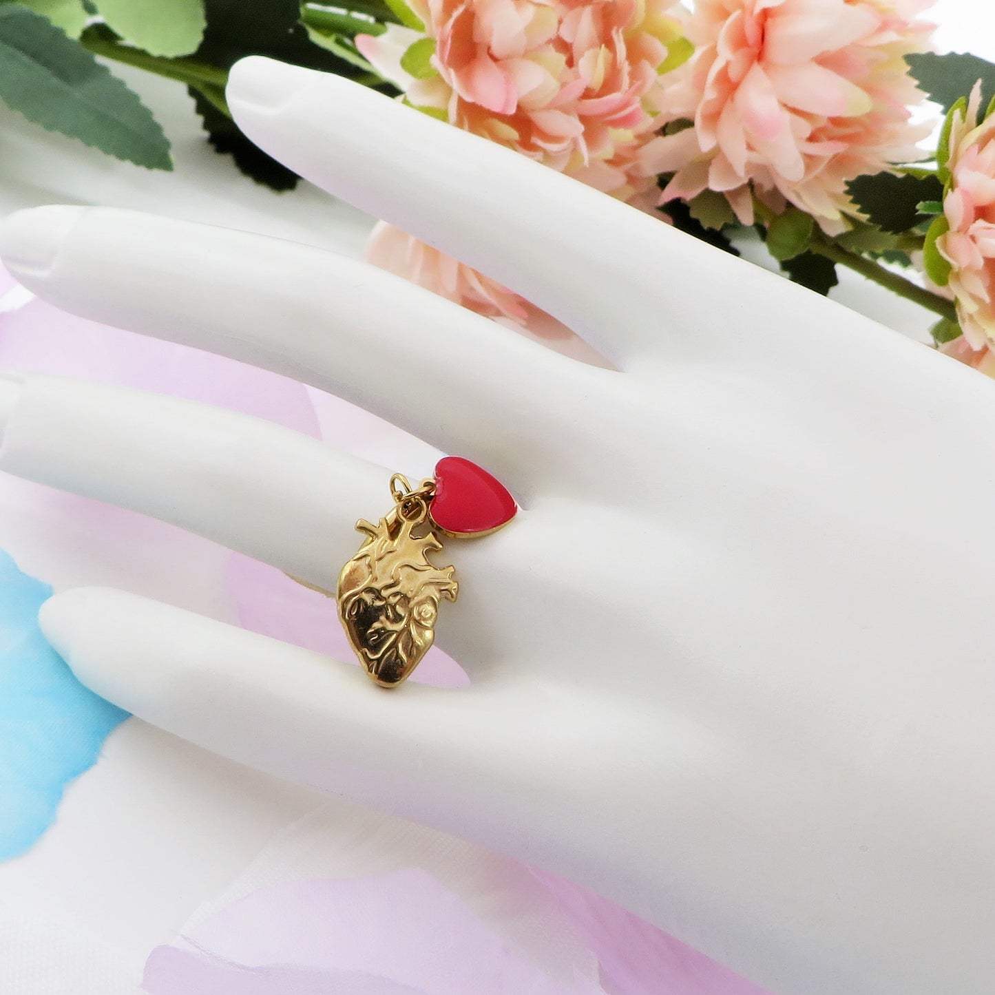 HUMAN HEART ~ Anello charms cuore anatomico rilievo in ACCIAIO INOSSIDABILE