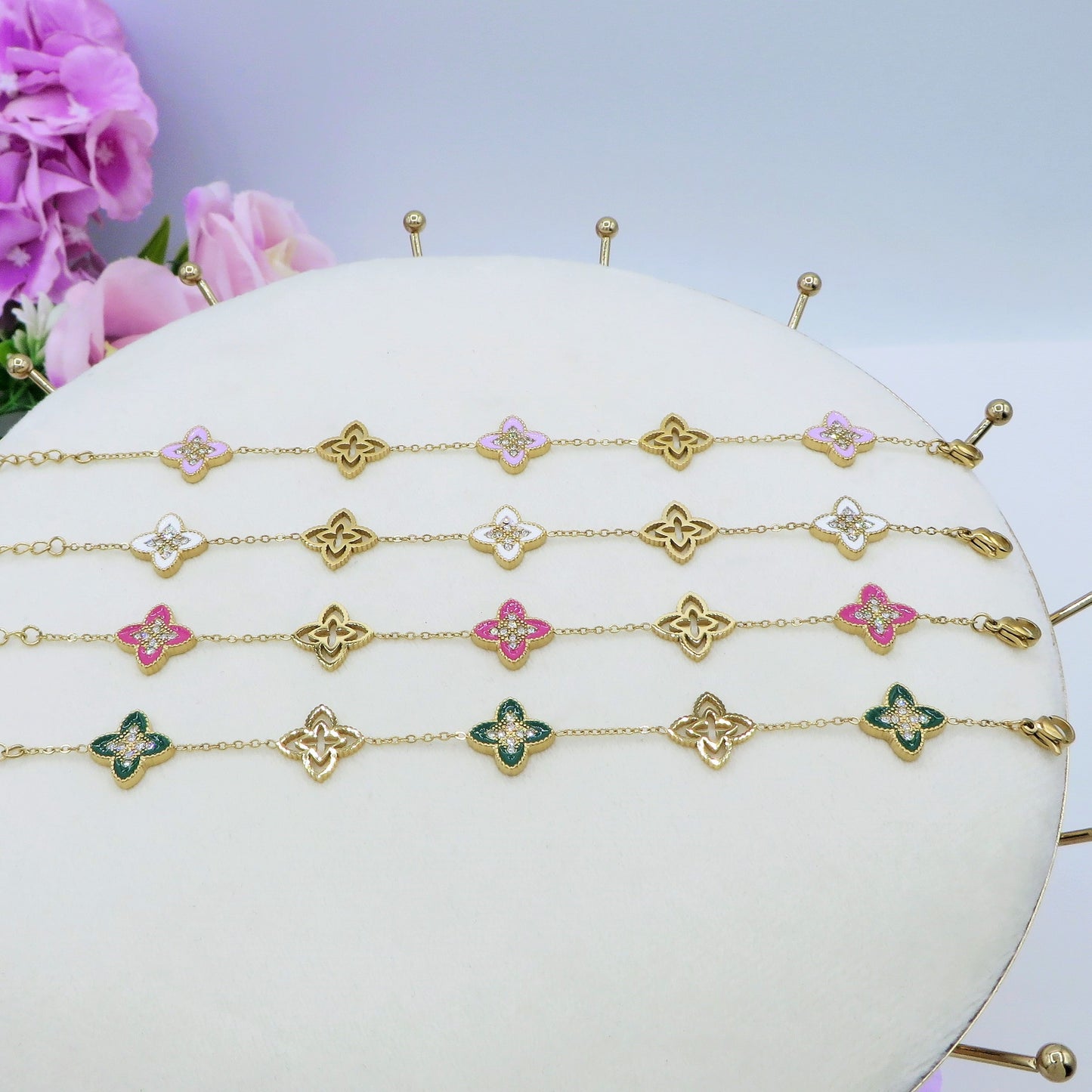 LILY SHINE ~ Bracciale flowers in ACCIAIO inossidabile smaltato + cubic zirconia