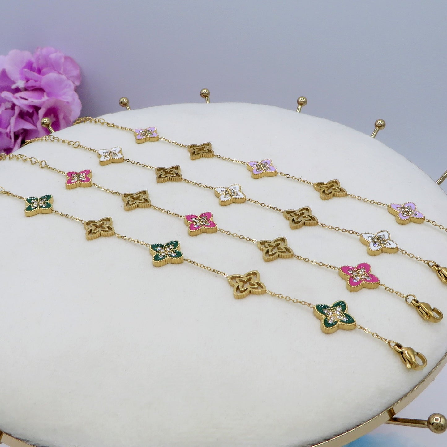 LILY SHINE ~ Bracciale flowers in ACCIAIO inossidabile smaltato + cubic zirconia