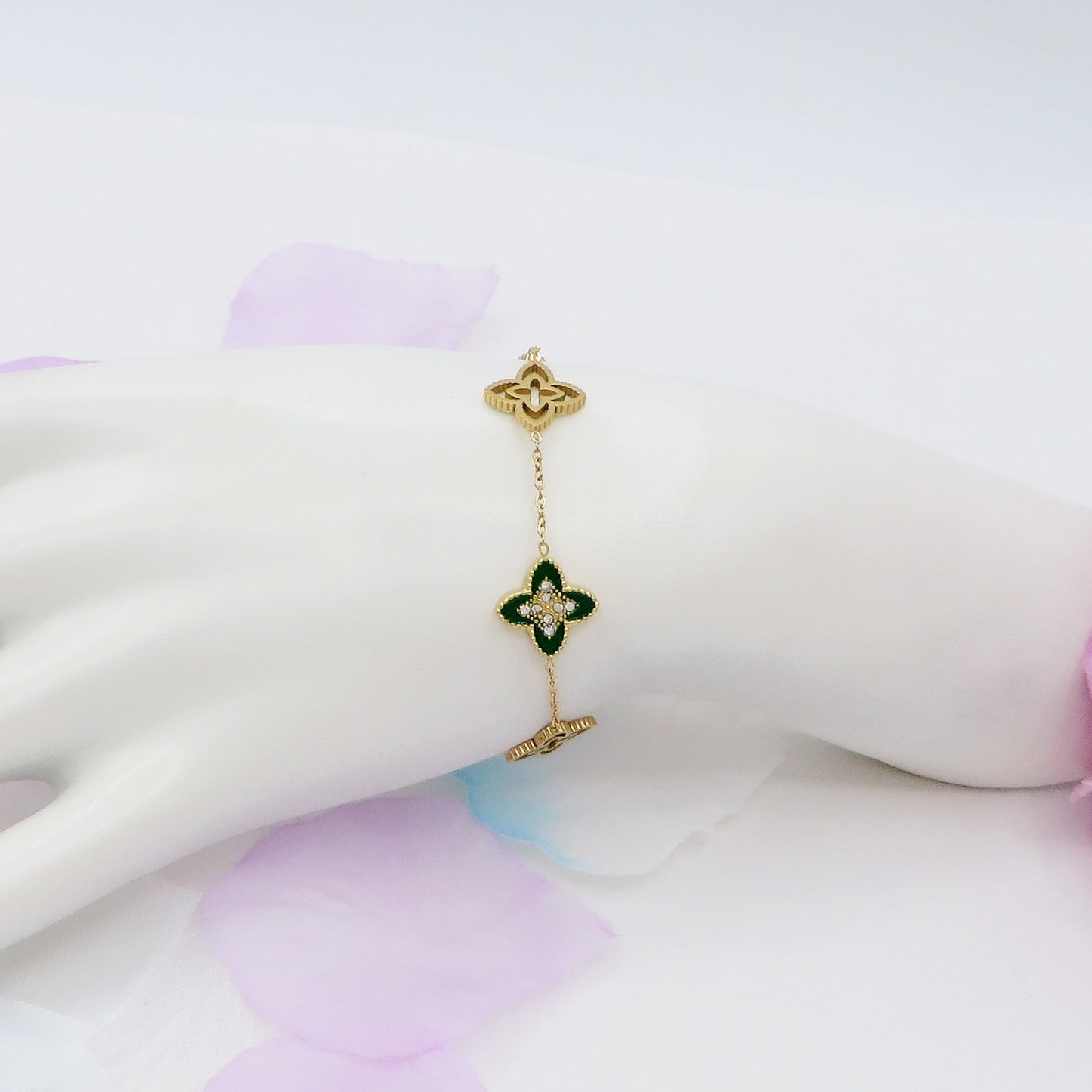 LILY SHINE ~ Bracciale flowers in ACCIAIO inossidabile smaltato + cubic zirconia