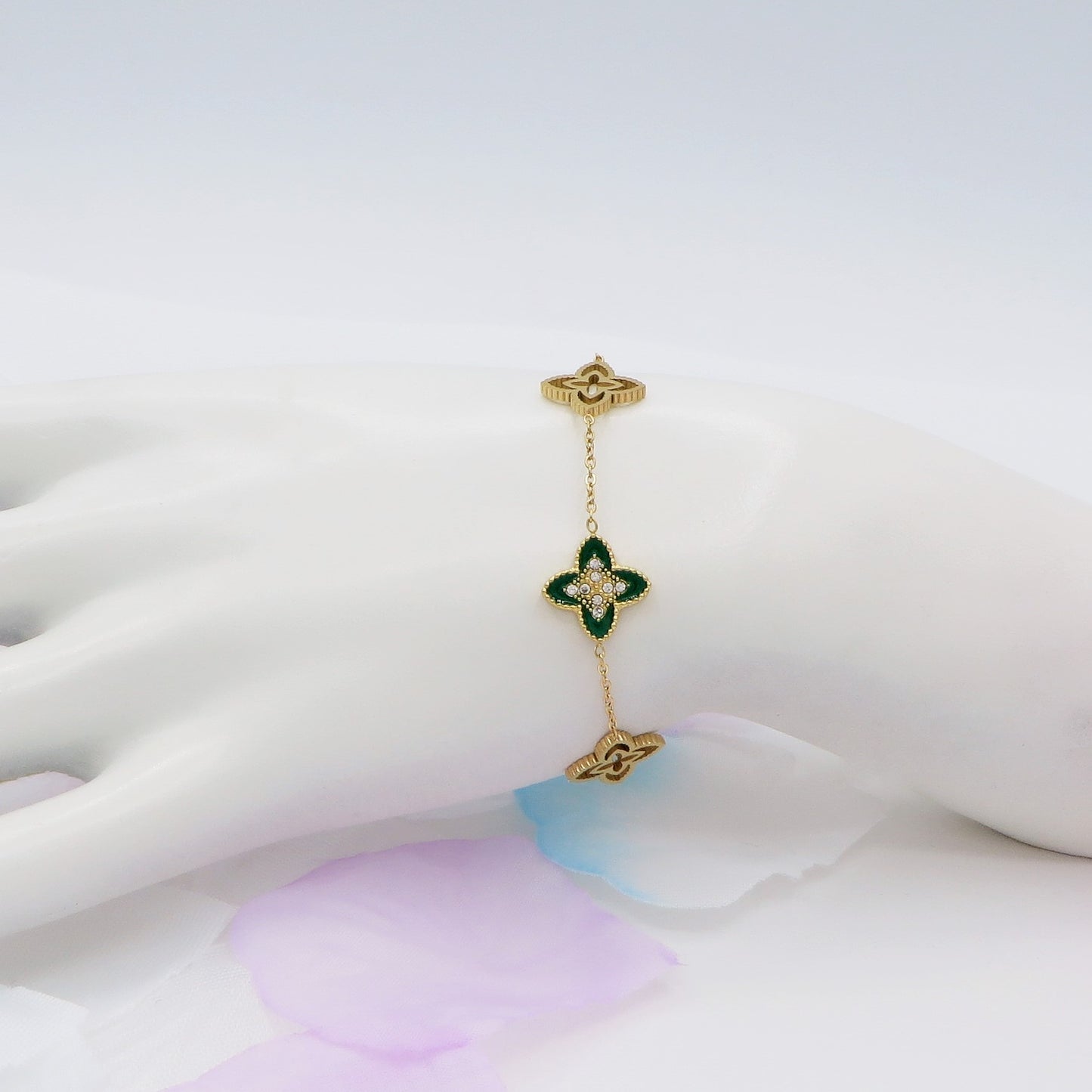 LILY SHINE ~ Bracciale flowers in ACCIAIO inossidabile smaltato + cubic zirconia