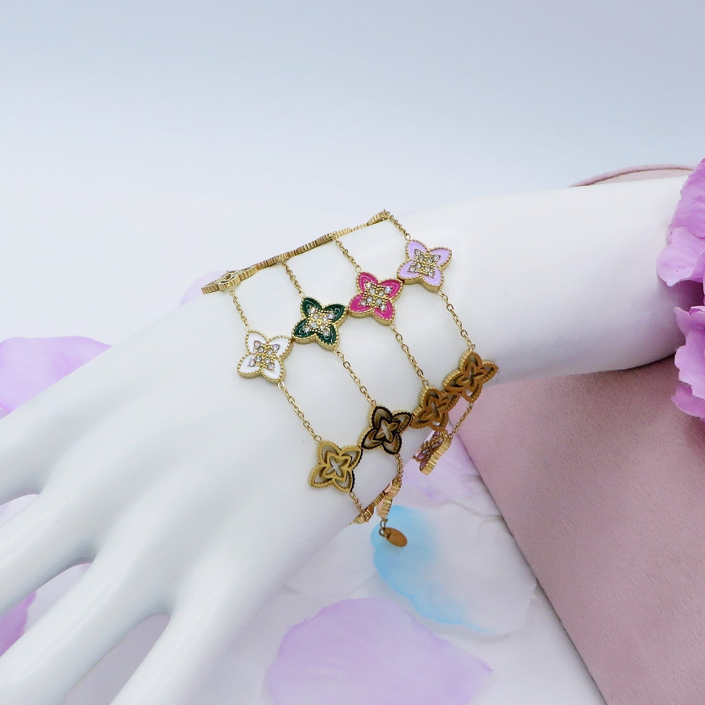 LILY SHINE ~ Bracciale flowers in ACCIAIO inossidabile smaltato + cubic zirconia