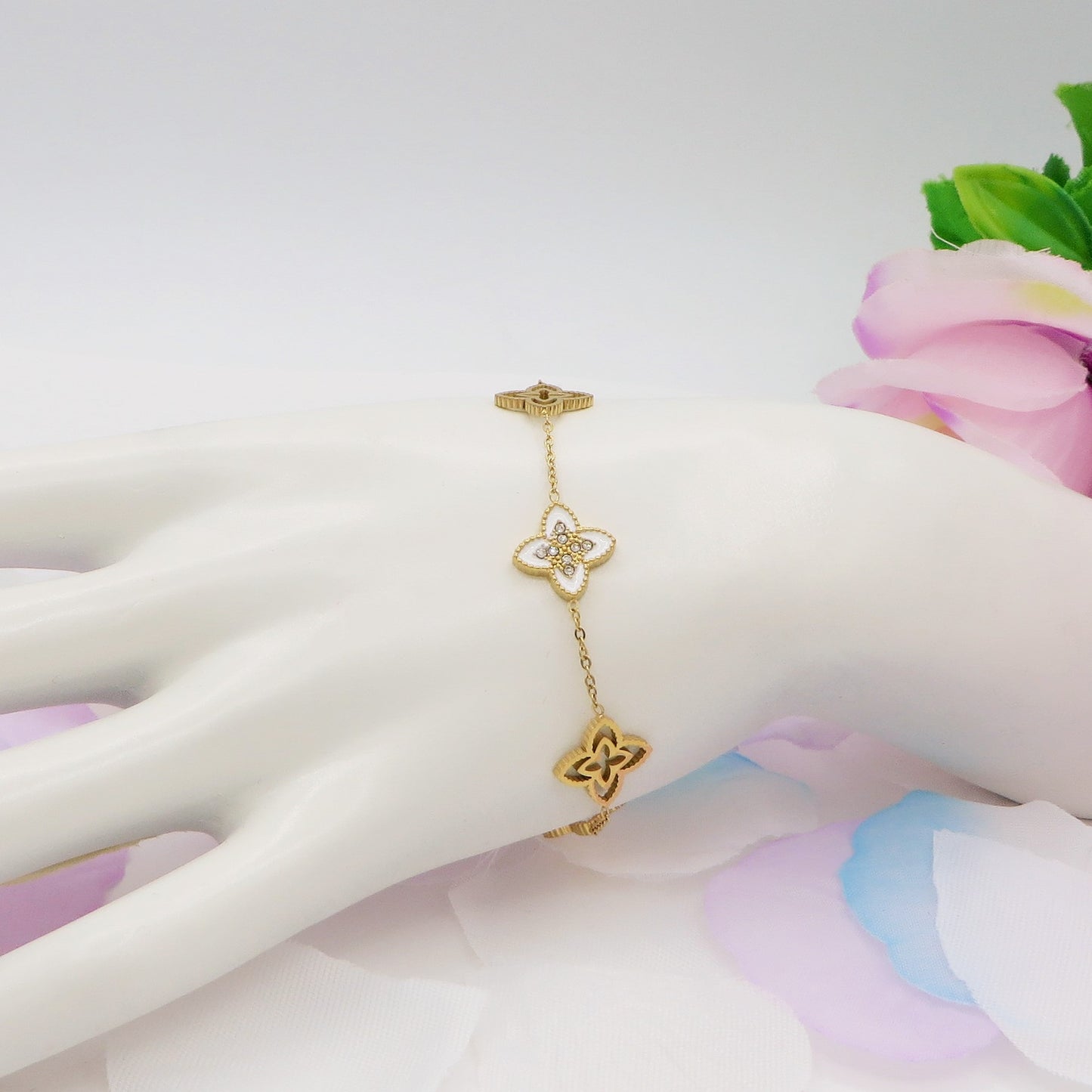 LILY SHINE ~ Bracciale flowers in ACCIAIO inossidabile smaltato + cubic zirconia