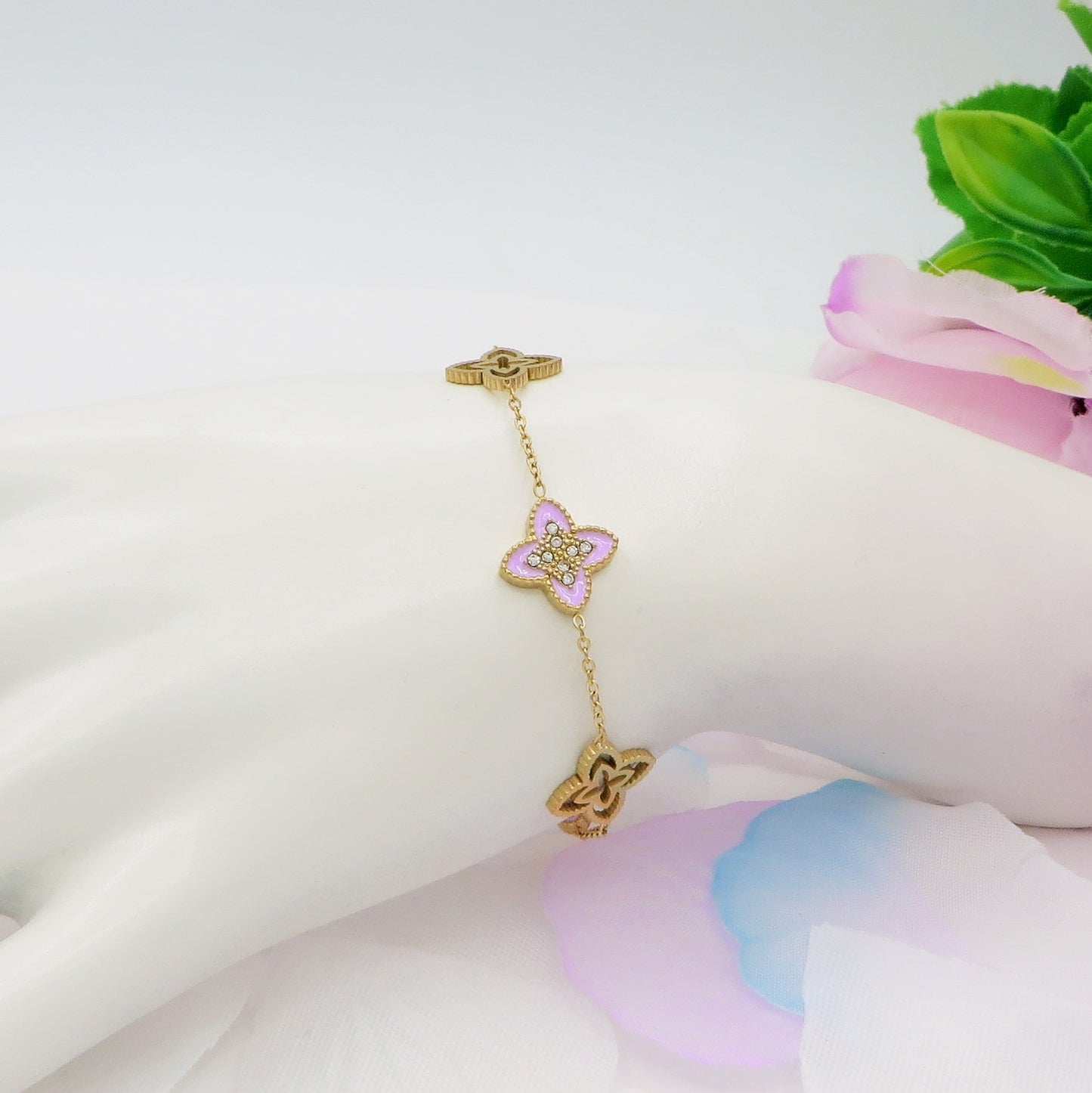 LILY SHINE ~ Bracciale flowers in ACCIAIO inossidabile smaltato + cubic zirconia