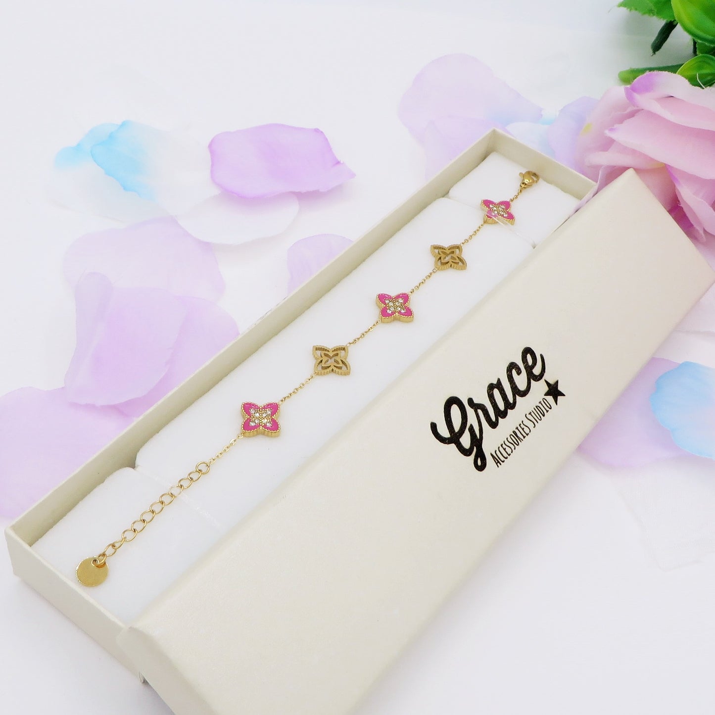 LILY SHINE ~ Bracciale flowers in ACCIAIO inossidabile smaltato + cubic zirconia