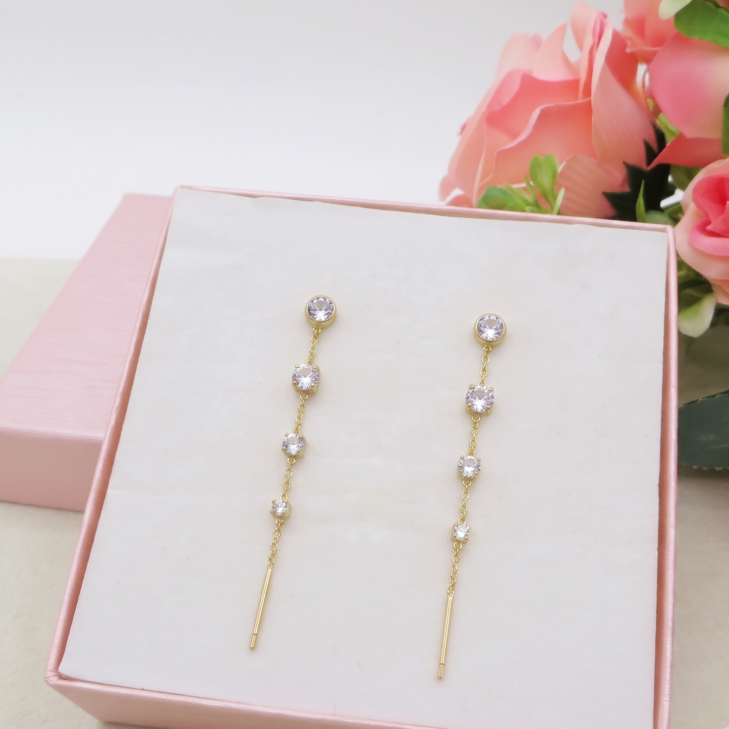 DREAMY ~ paio Orecchini ACCIAIO INOSSIDABILE pendenti zirconati stile saliscendi