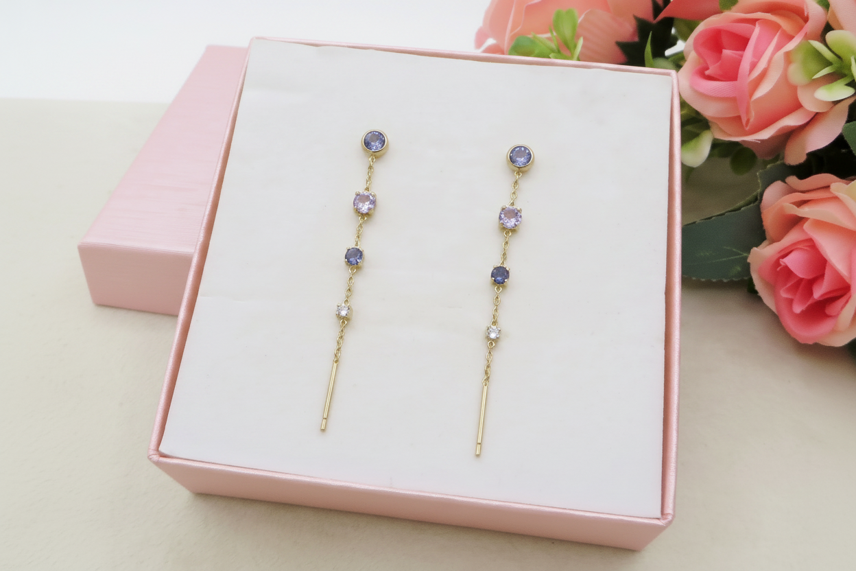 DREAMY ~ paio Orecchini ACCIAIO INOSSIDABILE pendenti zirconati stile saliscendi