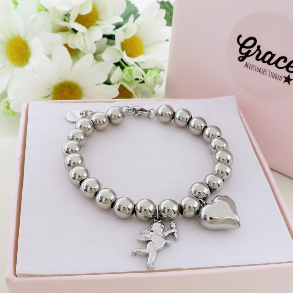 JOSIE CUPID chiama angeli Bracciale  ~ Bracciale in ACCIAIO INOSSIDABILE con cuore bombè