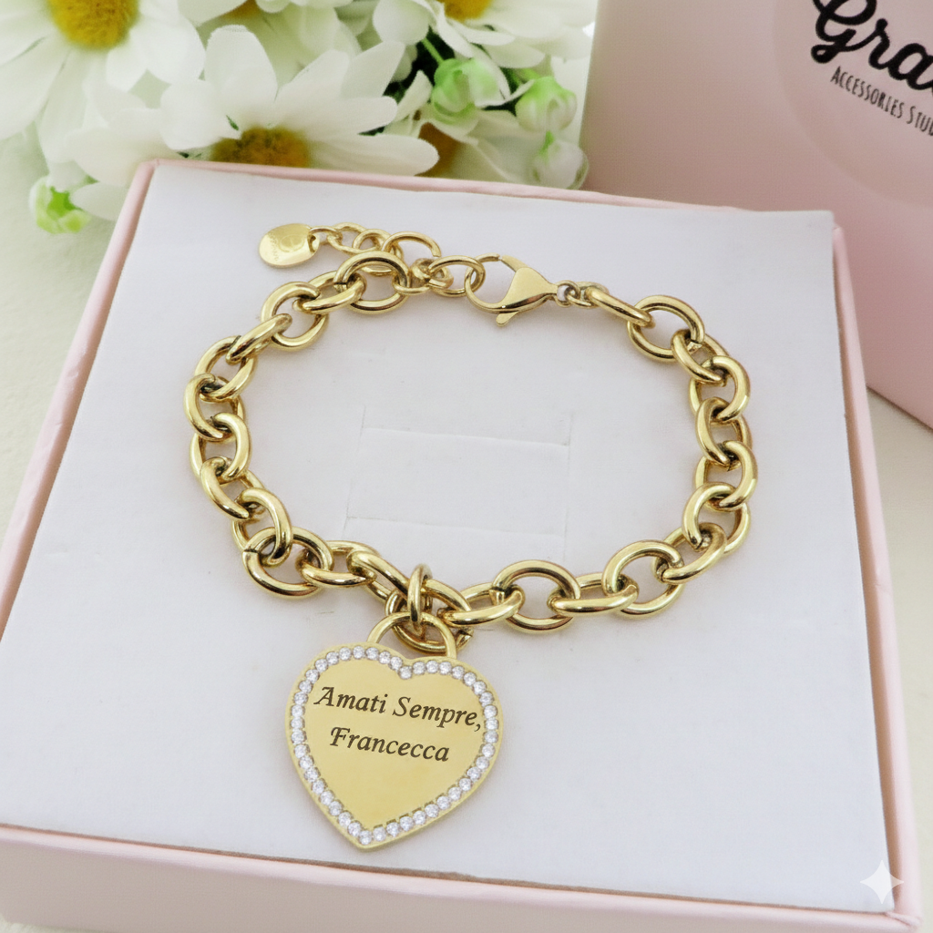 BRACCIALE CUORE CRYSTAL BIG  - PERSONALIZZAMI ~ Bracciale in acciaio inossidabile + INCISIONE PERSONALIZZATA