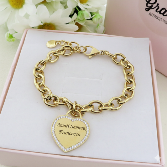 BRACCIALE CUORE CRYSTAL BIG  - PERSONALIZZAMI ~ Bracciale in acciaio inossidabile + INCISIONE PERSONALIZZATA
