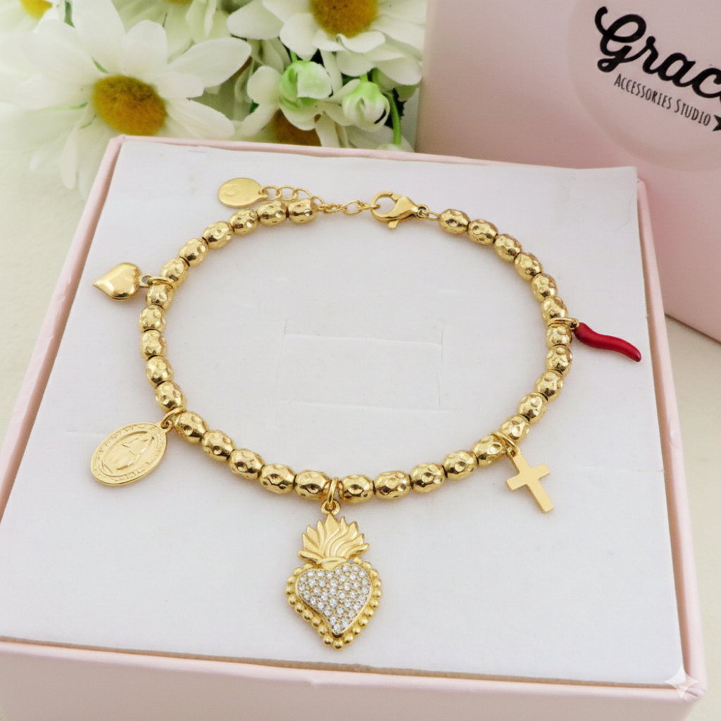SACRED CRYSTAL - Bracciale con pendenti cuore sacro zirconati e lisci ACCIAIO INOSSIDABILE