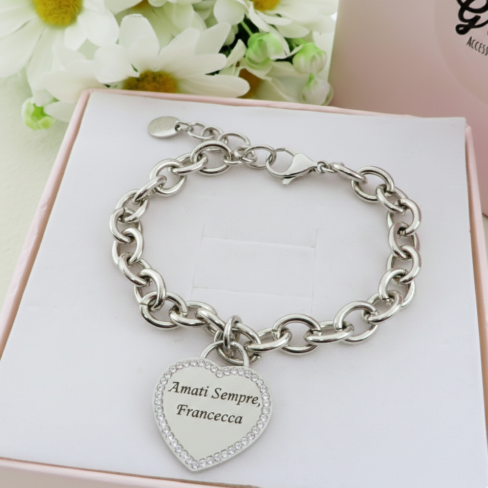 BRACCIALE CUORE CRYSTAL BIG  - PERSONALIZZAMI ~ Bracciale in acciaio inossidabile + INCISIONE PERSONALIZZATA
