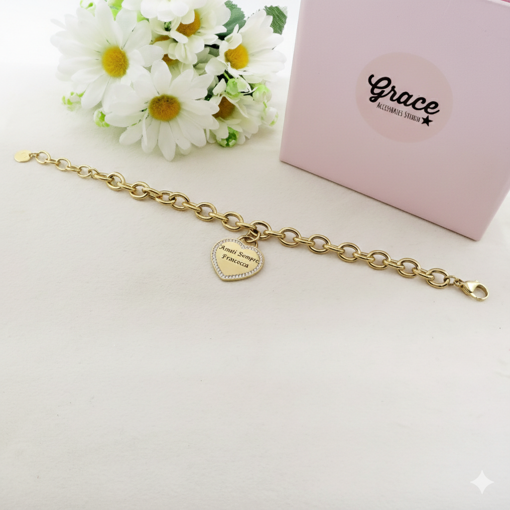 BRACCIALE CUORE CRYSTAL BIG  - PERSONALIZZAMI ~ Bracciale in acciaio inossidabile + INCISIONE PERSONALIZZATA