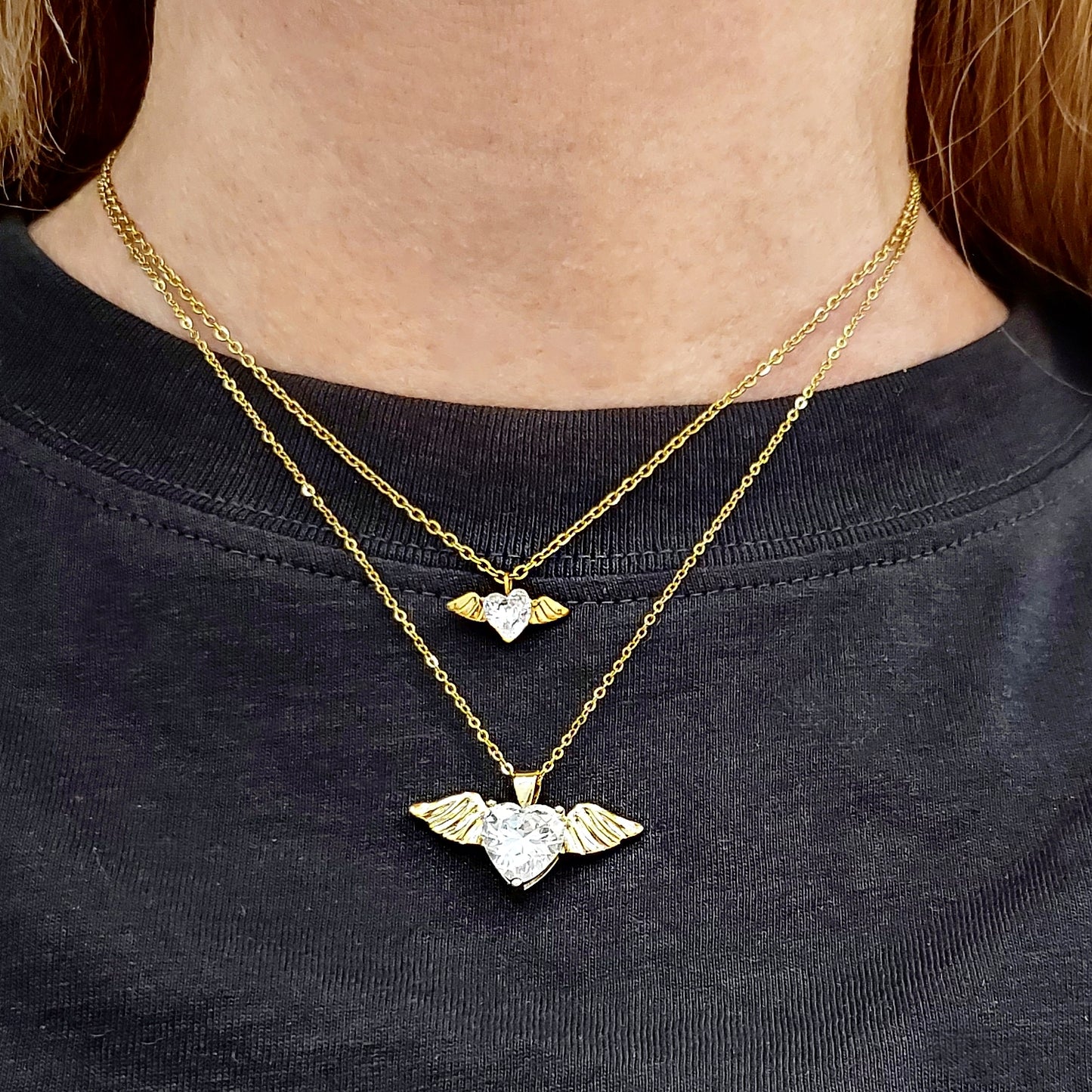 ANGEL small - ACCIAIO INOSSIDABILE- collana con pendente CUORE con ali in cubic zirconia