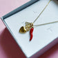 SACRED LUCKY ~ Collana charms cuore sacro e cornetto - ACCIAIO  inossidabile