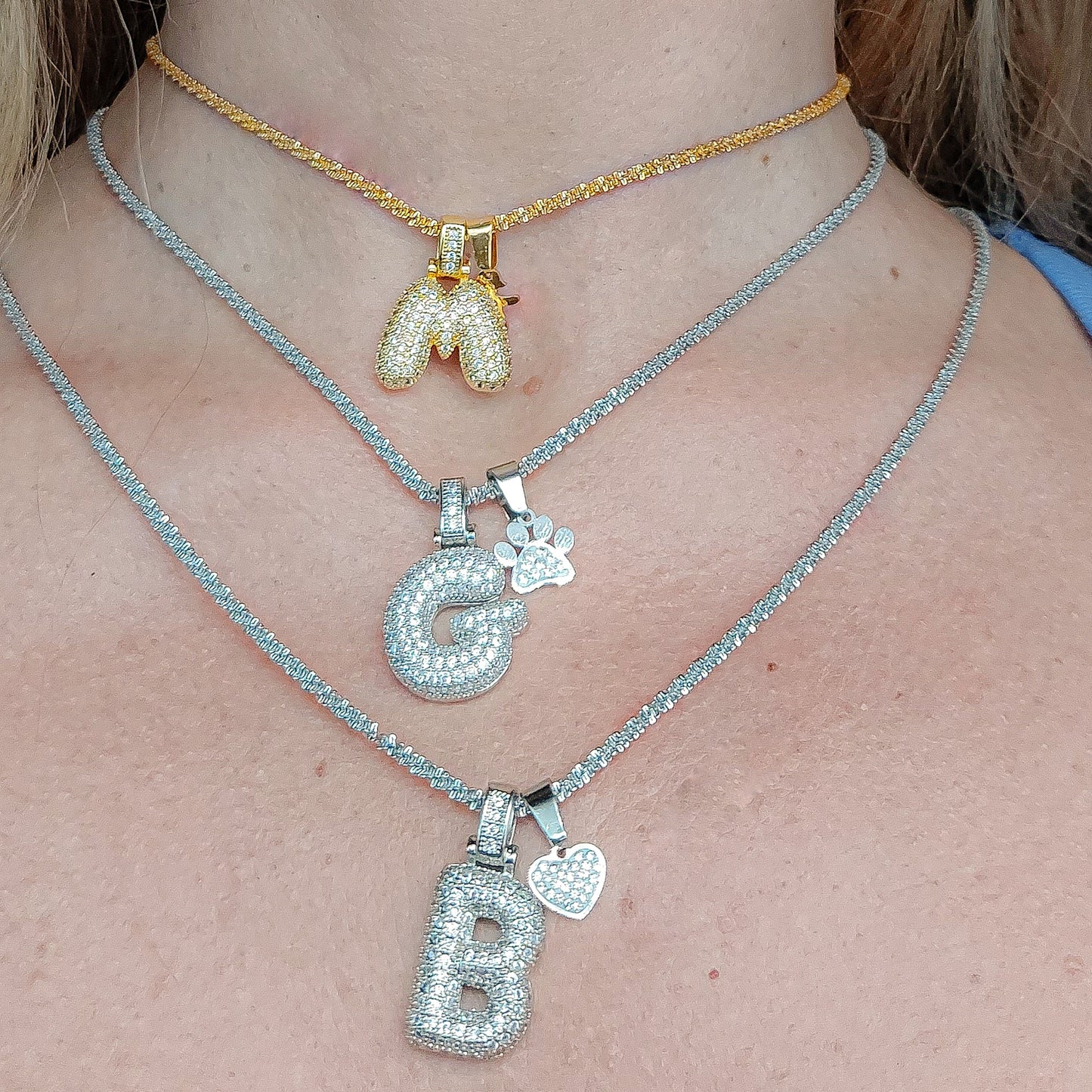 BUBBLE LUXURY INITIAL ~ Collana maxi iniziale bombata zirconata bubble + catena diamantata torchon + pendente a scelta