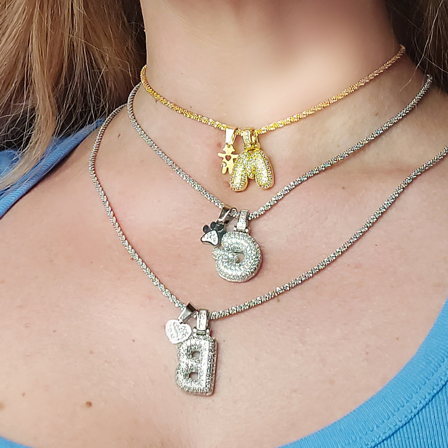 BUBBLE LUXURY INITIAL ~ Collana maxi iniziale bombata zirconata bubble + catena diamantata torchon + pendente a scelta