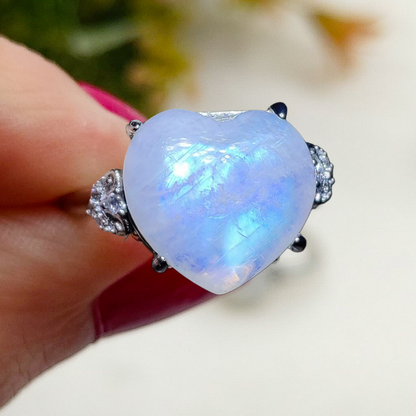 DEVA HEART Argento 925 ~ Anello regolabile in Pietra di Luna a cuore  - Moonstone naturale