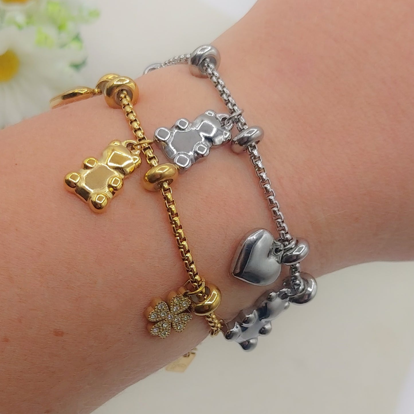 TEDDY CLOVER - Bracciale con orsetti, quadrifoglio e cuori pendenti bombe' ACCIAIO INOSSIDABILE
