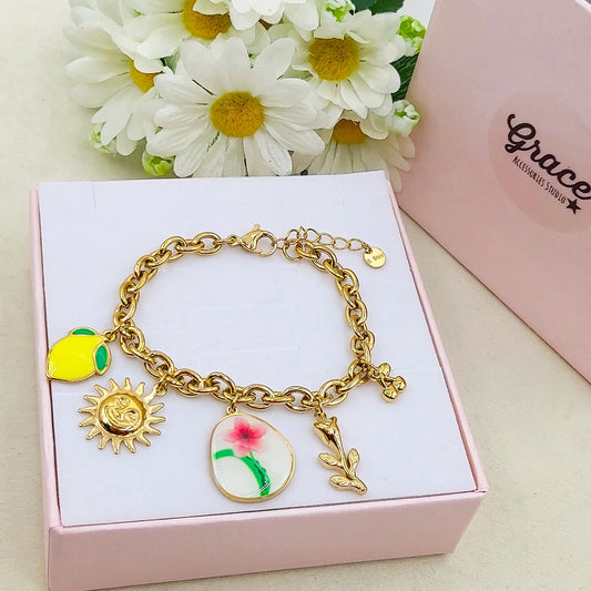 Clémence  Bracciale con charms fiori vintage e frutta - ACCIAIO INOSSIDABILE