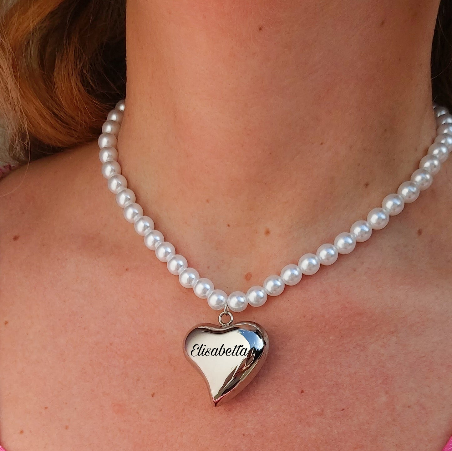 PEARLS BIG LOVE ~ ACCIAIO INOSSIDABILE - Collana perle 8mm ciondolo cuore bombè