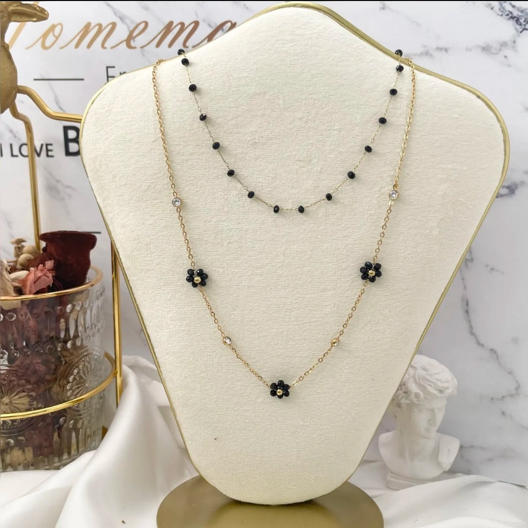 DAISY  double ~ ACCIAIO INOSSIDABILE ~ Collana doppia 2 in 1 con fiori e cristalli