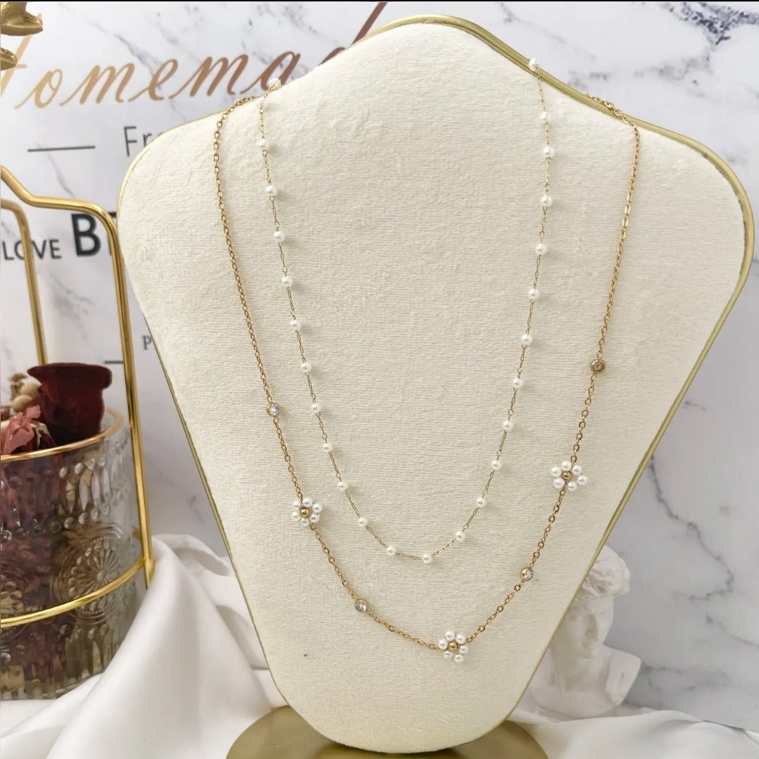 DAISY  double ~ ACCIAIO INOSSIDABILE ~ Collana doppia 2 in 1 con fiori e cristalli