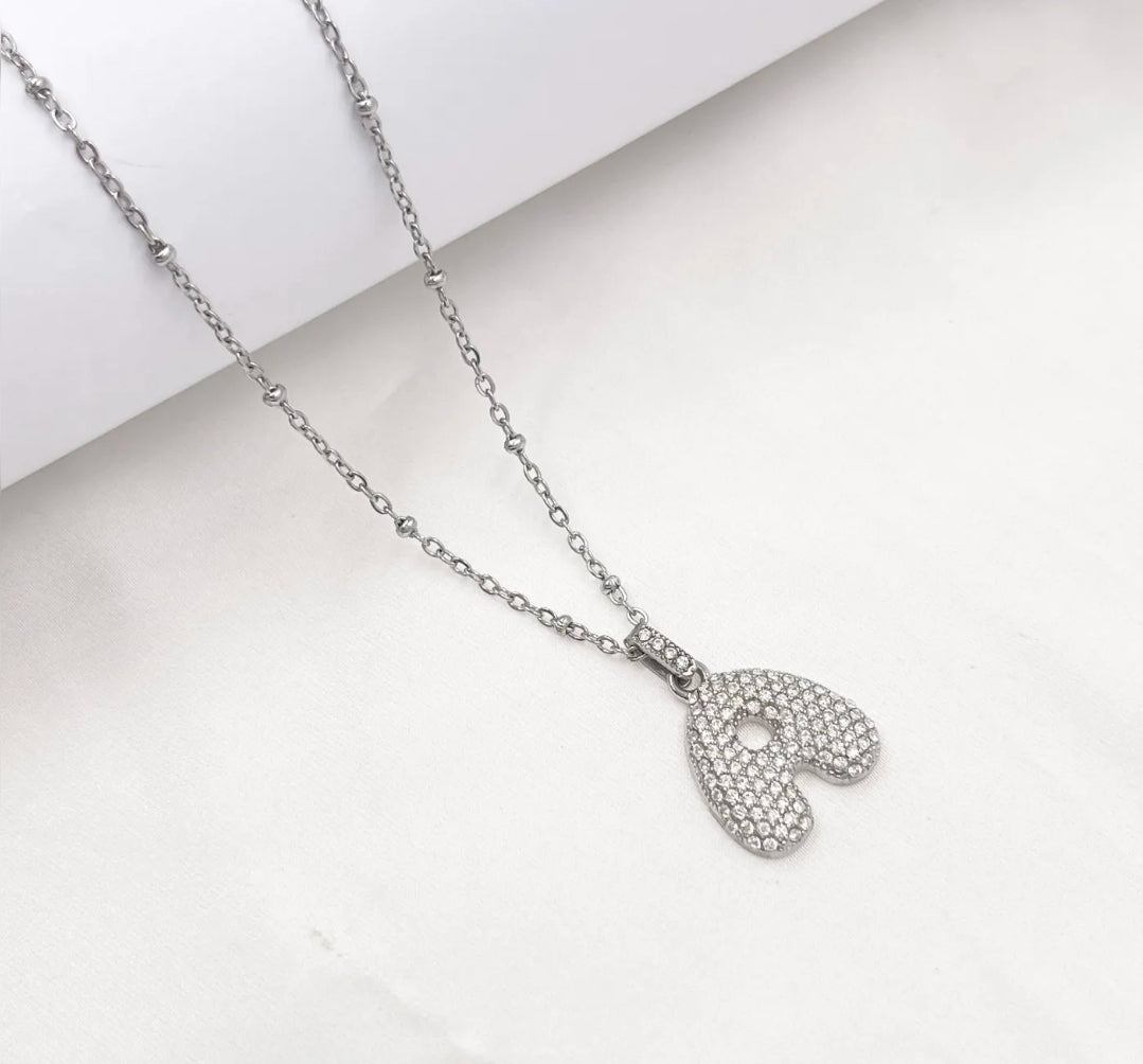 BUBBLE INITIAL ACCIAIO INOSSIDABILE ~ Collana iniziale bombata zirconata bubble + catena rosario