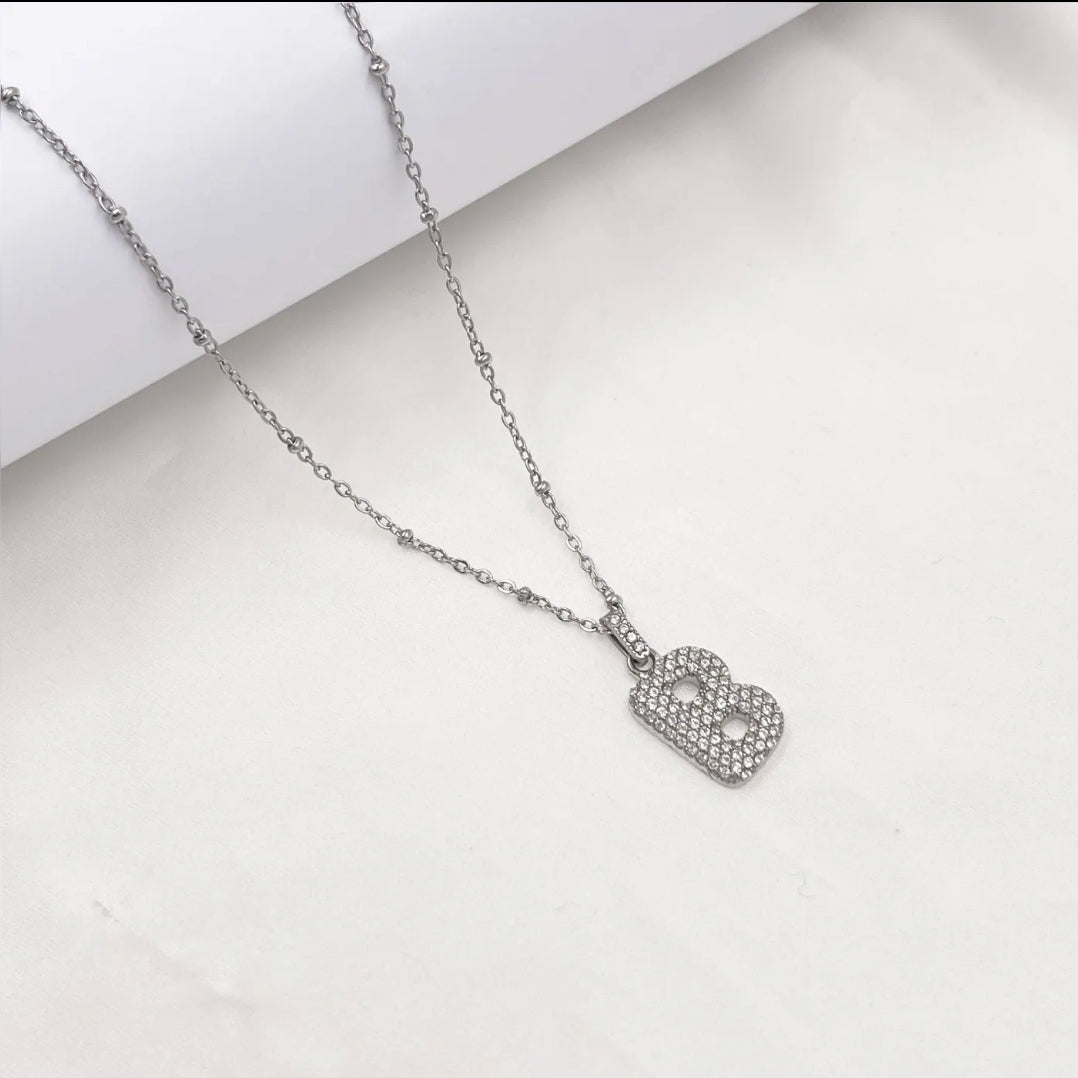 BUBBLE INITIAL ACCIAIO INOSSIDABILE ~ Collana iniziale bombata zirconata bubble + catena rosario