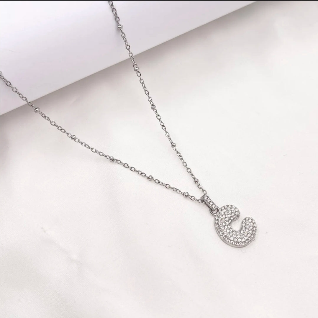 BUBBLE INITIAL ACCIAIO INOSSIDABILE ~ Collana iniziale bombata zirconata bubble + catena rosario