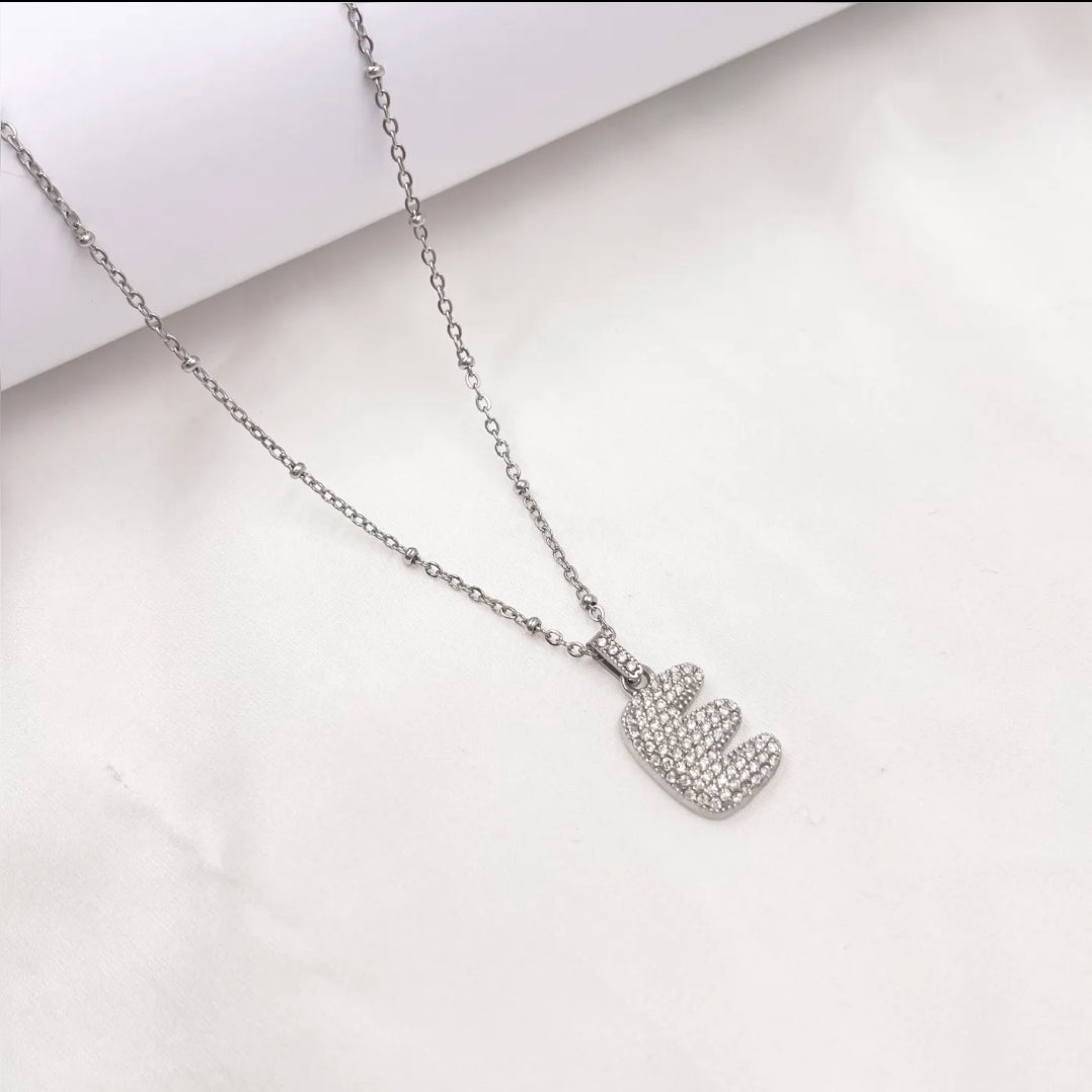 BUBBLE INITIAL ACCIAIO INOSSIDABILE ~ Collana iniziale bombata zirconata bubble + catena rosario