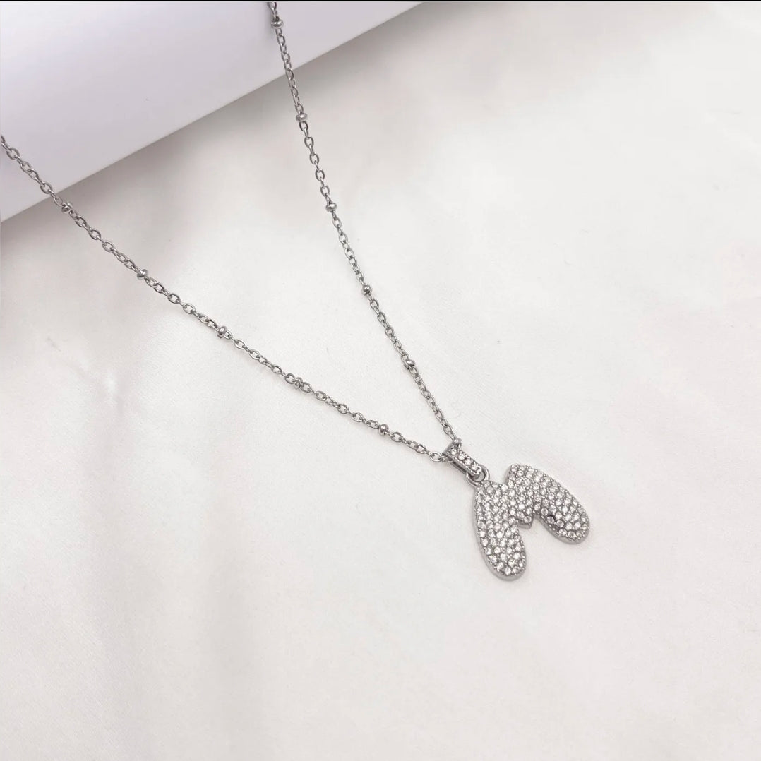 BUBBLE INITIAL ACCIAIO INOSSIDABILE ~ Collana iniziale bombata zirconata bubble + catena rosario