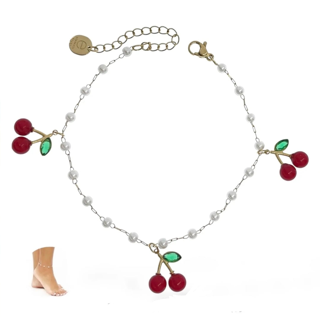 Cherries Pearls Cavigliera ~ ACCIAIO INOSSIDABILE 316L