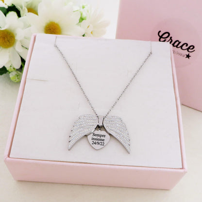 ANGEL HEART ~ ACCIAIO inossidabile - Collana ciondolo ali zirconate apribili con incisione PERSONALIZZATA