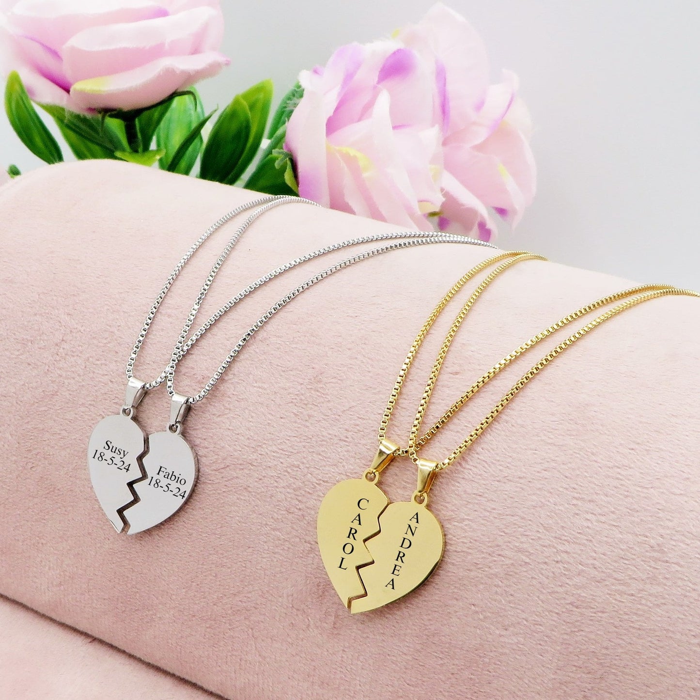 BROKEN HEART ~ ACCIAIO INOSSIDABILE 2 collane con pendente  PERSONALIZZATO cuore spezzato - amicizia - amore - famiglia - occasioni speciali