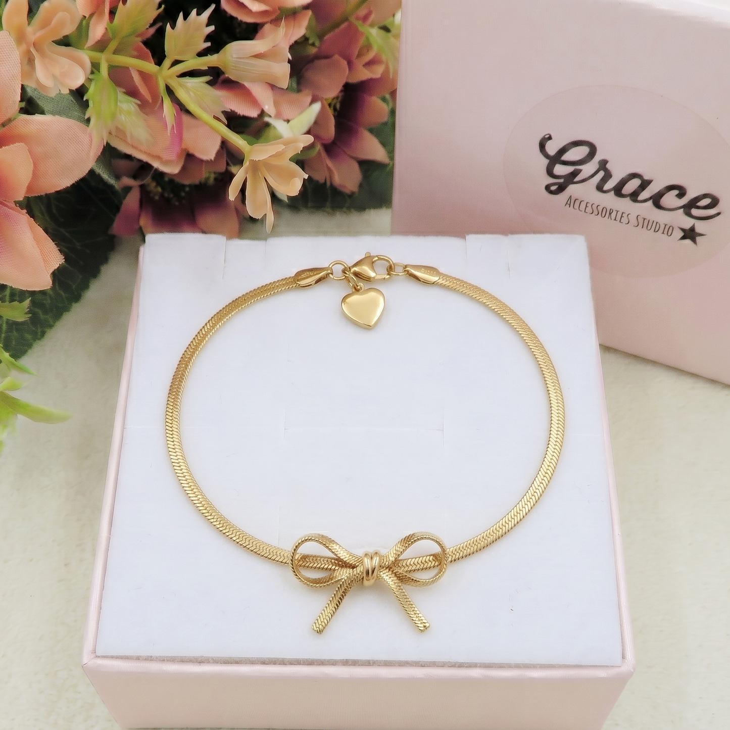 ELEONOR BOW ~ Cavigliera in ACCIAIO INOSSIDABILE catena snake piatta