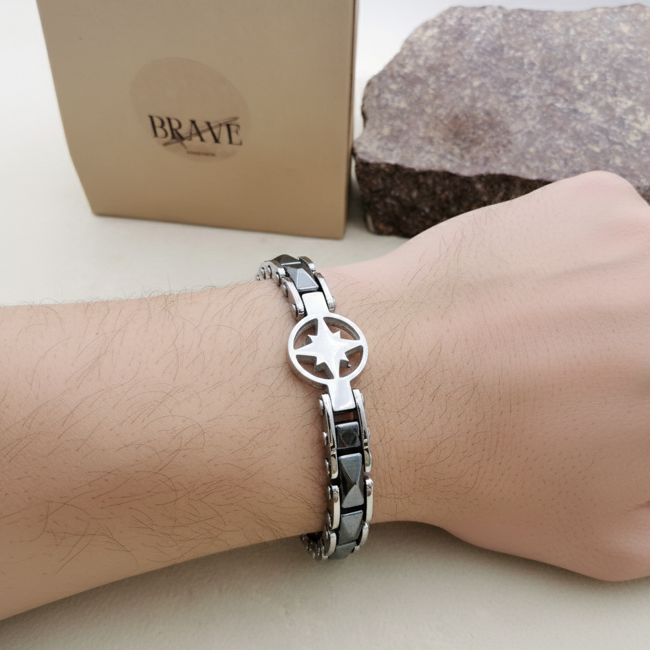 BRACCIALE uomo ACCIAIO catena bicicletta + placca stella acciaio