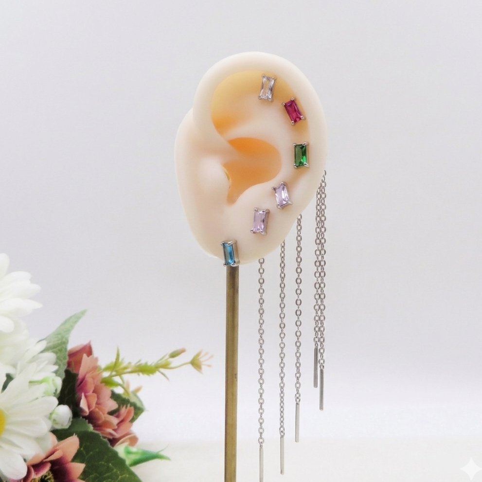 NATALIE Set 6 orecchini - ACCIAIO INOSSIDABILE - 6 Orecchini effetto saliscendi con cubic zirconia a taglio baguette