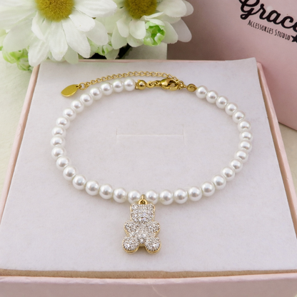 TEDDY CRYSTAL PEARLS - Bracciale perle con orsetto zirconato