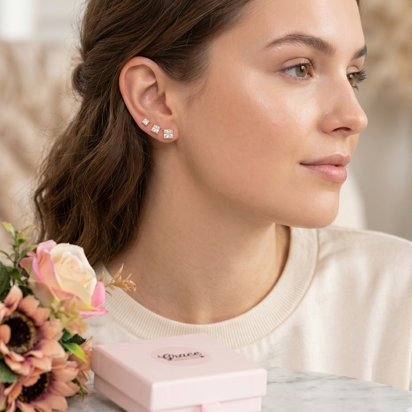 SQUARE SET 3 PAIA punti luce quadrati acciaio inossidabile ~ 6 PZ ~ 3 Paia~ Orecchini lobo  con cubic zirconia AAA