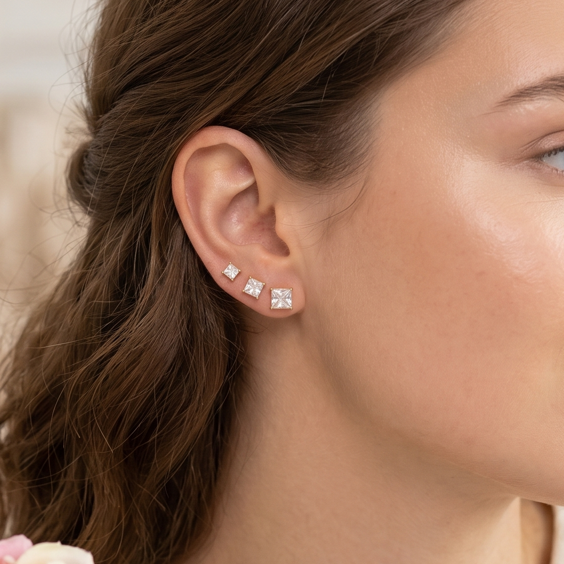 SQUARE SET 3 PAIA punti luce quadrati acciaio inossidabile ~ 6 PZ ~ 3 Paia~ Orecchini lobo  con cubic zirconia AAA