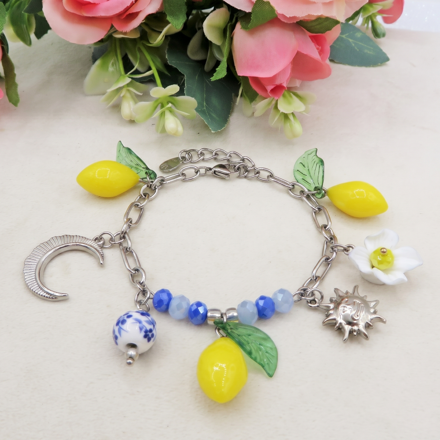 KALIMERA BRACELET  - ACCIAIO inossidabile - Bracciale catena charms frutta LIMONI, SOLE, LUNA, MAIOLICA