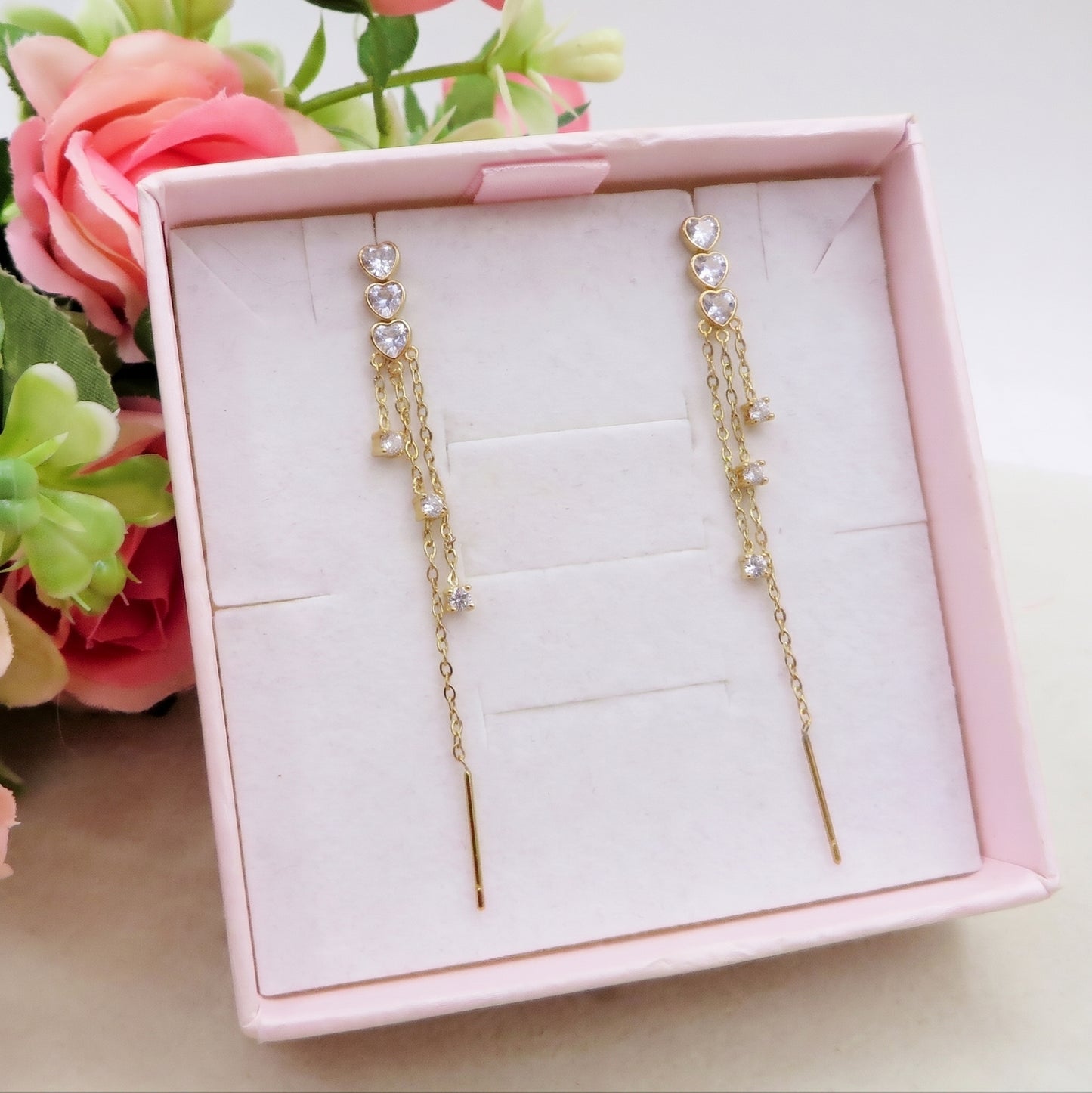 CELESTIAL ~ paio Orecchini ACCIAIO INOSSIDABILE pendenti zirconati stile saliscendi con cuoricini