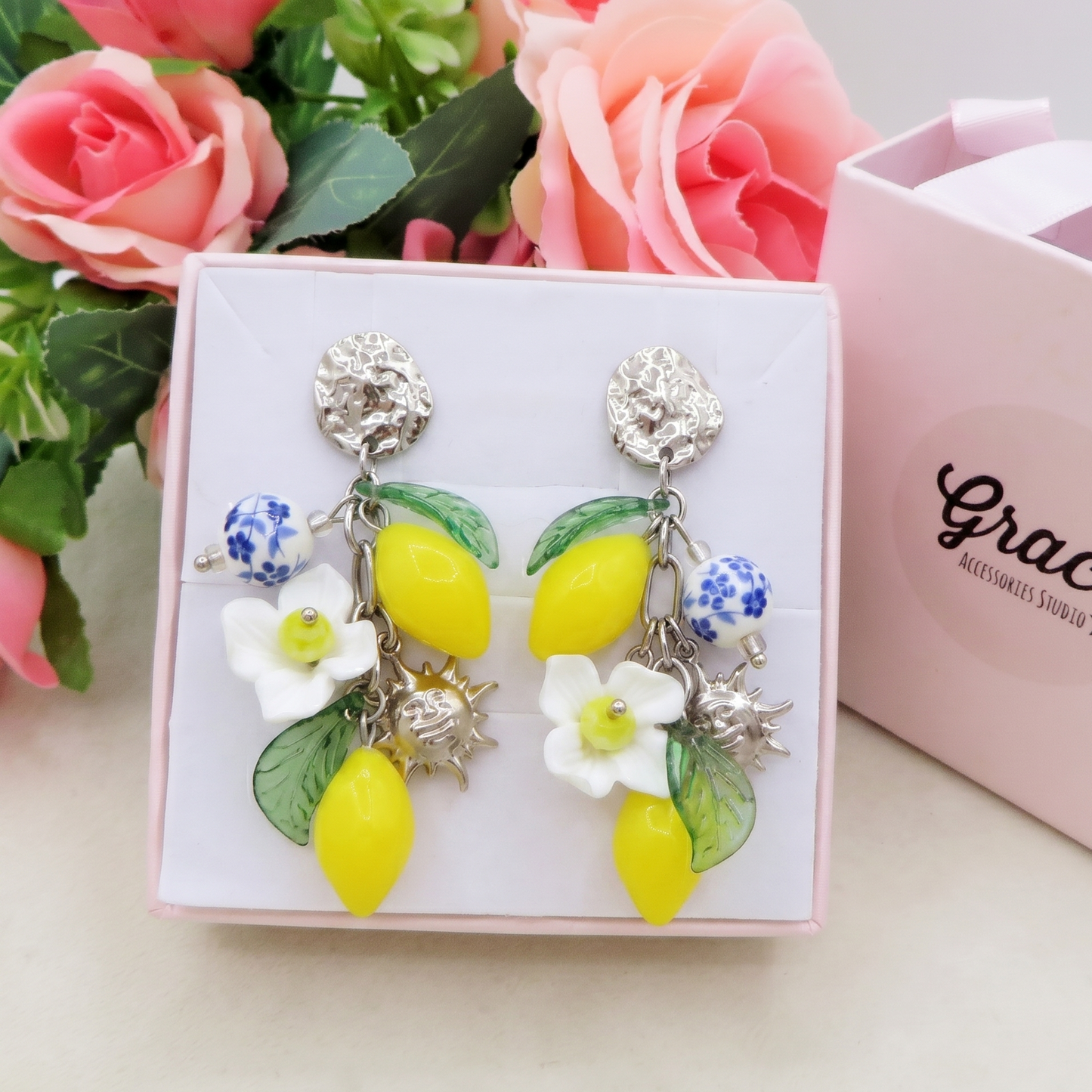 KALIMERA ORECCHINI - ACCIAIO inossidabile - Orecchini  charms frutta LIMONI, SOLE, MAIOLICA