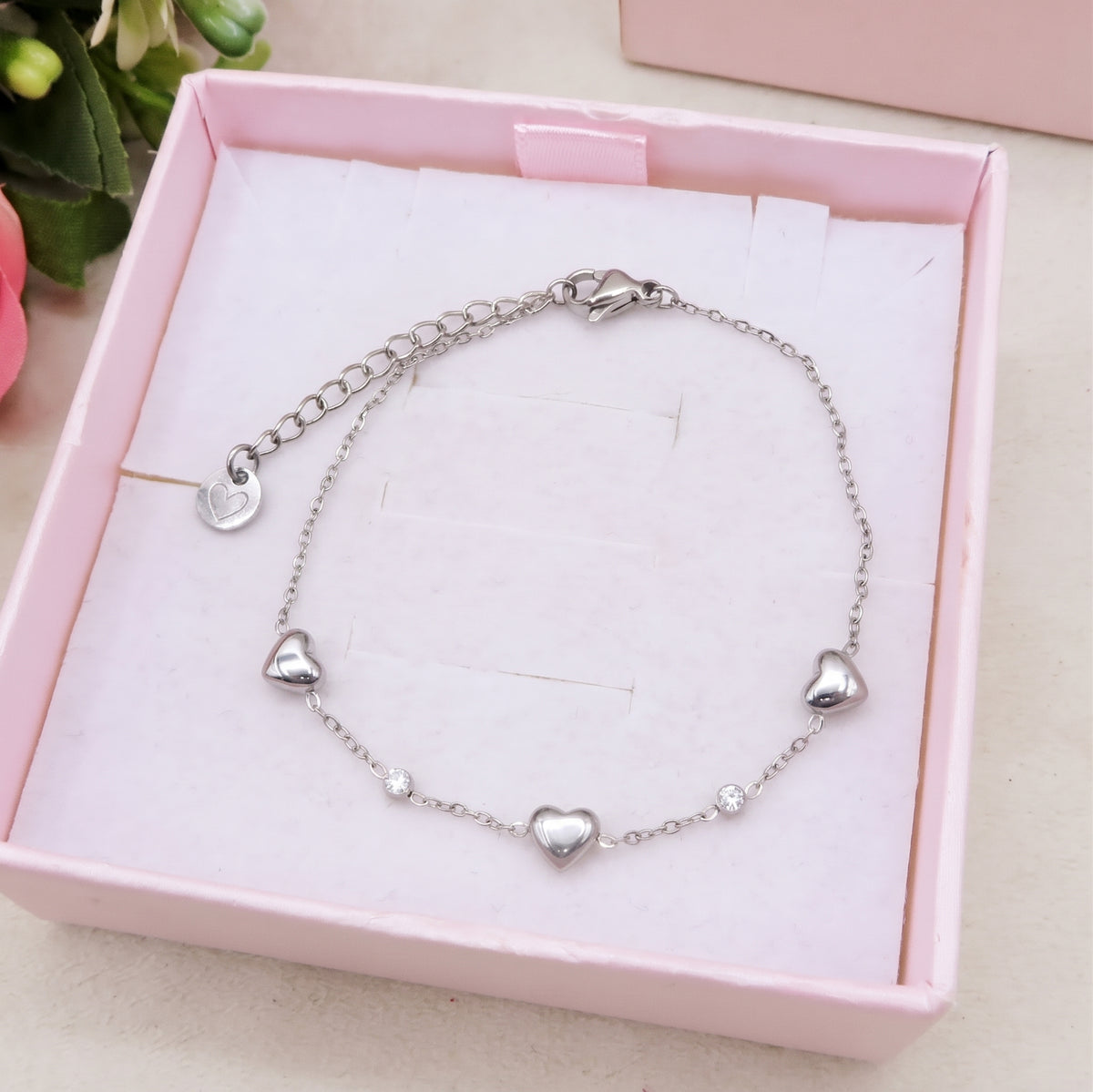 LOVELY ~ ARGENTO 925 ~ Bracciale con cuoricini bombè + cubic zirconia