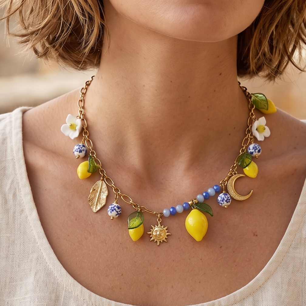 KALIMERA COLLANA - ACCIAIO inossidabile - Collana catena charms frutta LIMONI, SOLE, LUNA, MAIOLICA