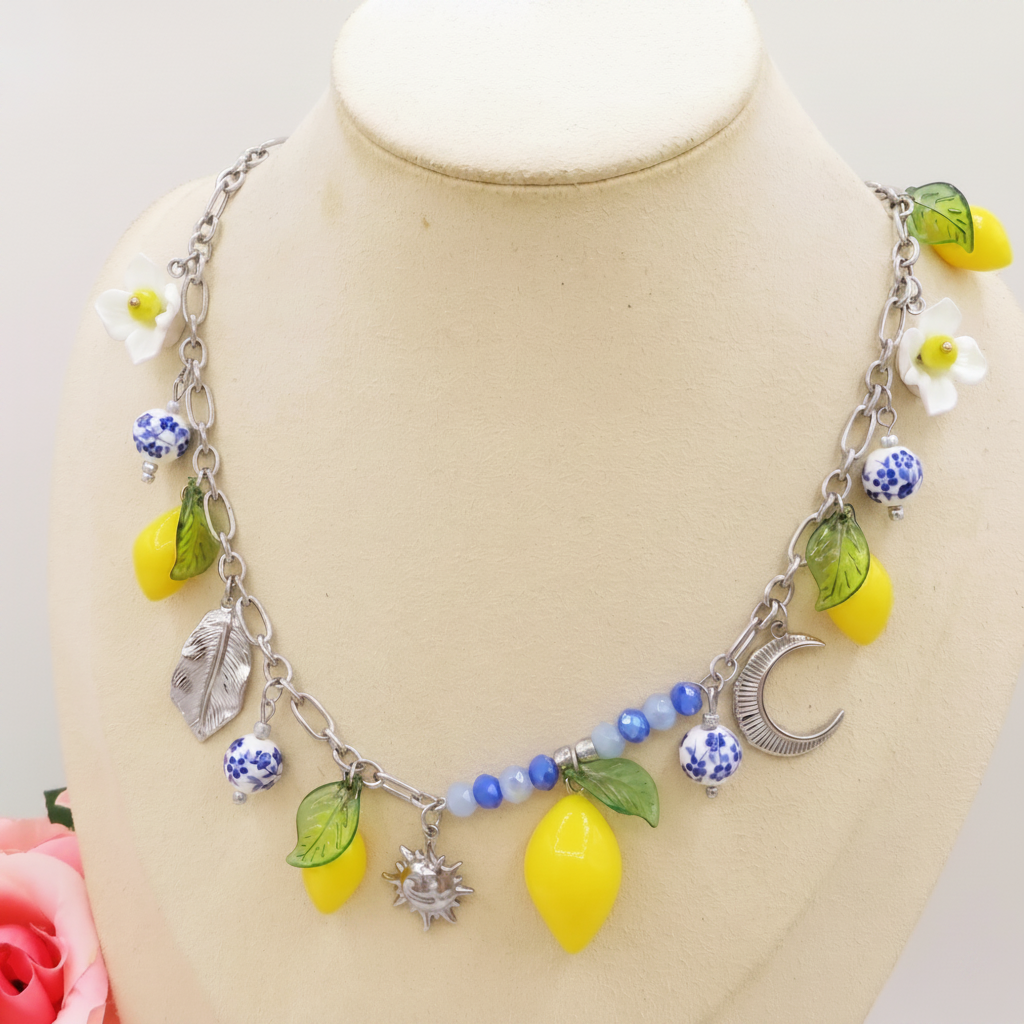KALIMERA COLLANA - ACCIAIO inossidabile - Collana catena charms frutta LIMONI, SOLE, LUNA, MAIOLICA