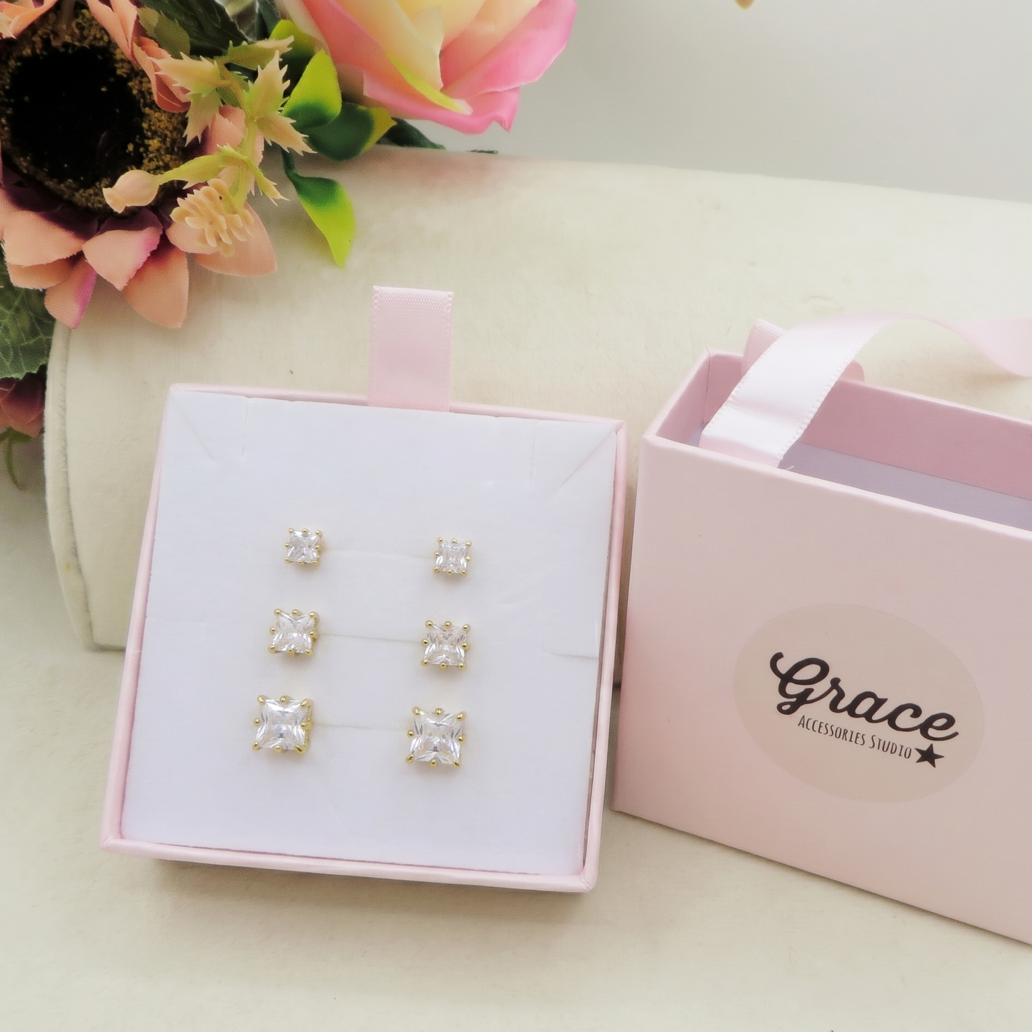 SQUARE SET 3 PAIA punti luce quadrati acciaio inossidabile ~ 6 PZ ~ 3 Paia~ Orecchini lobo  con cubic zirconia AAA